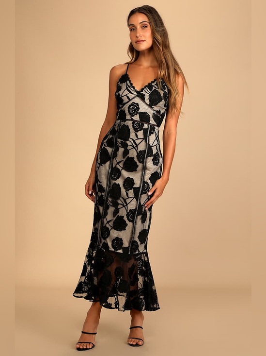 Lulus Dresses & Skirts - Lulus Alluring Dream Black Floral Mesh Lace Trumpet Midi Dress